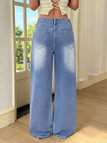 Breezaya Jeans droits décontractés et amples pour femmes avec patchs décoratifs - Bleu azur - Voir 2