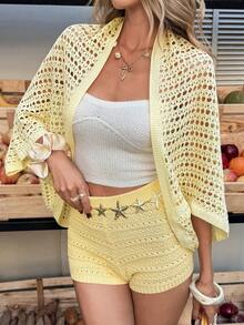 Selianne 休闲度假风春夏新款镂空针织开衫，百搭女士轻薄开襟毛衣 - 黃色 - 查看 1