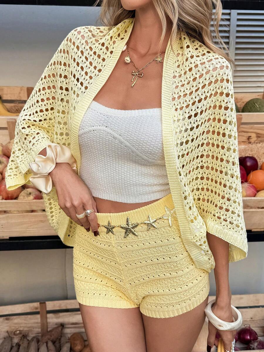 Selianne 休闲度假风春夏新款镂空针织开衫，百搭女士轻薄开襟毛衣 - 黃色 - 查看 1