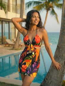 CAJUNI Women's Casual Vacation Parrot & Monstera Leaf Print Cami Mini Dress - Date Outfit - Tropical - Multicolor - View 3