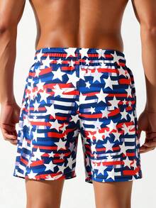 Manfinity Swimmode Quần short đi biển nam kiểu dáng thường ngày, kẻ sọc và in hình ngôi sao, cạp chun. - Màu xanh hải quân - Xem 2