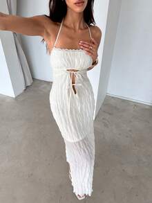 Aloruh 女士优雅系带露背雪纺纹理纯色沙滩长裙 - 杏色 - 查看 9