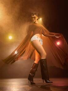 Hauture Women's Sexy Round Neck Asymmetrical Shawl Draped Mesh Top - Brown - View 1