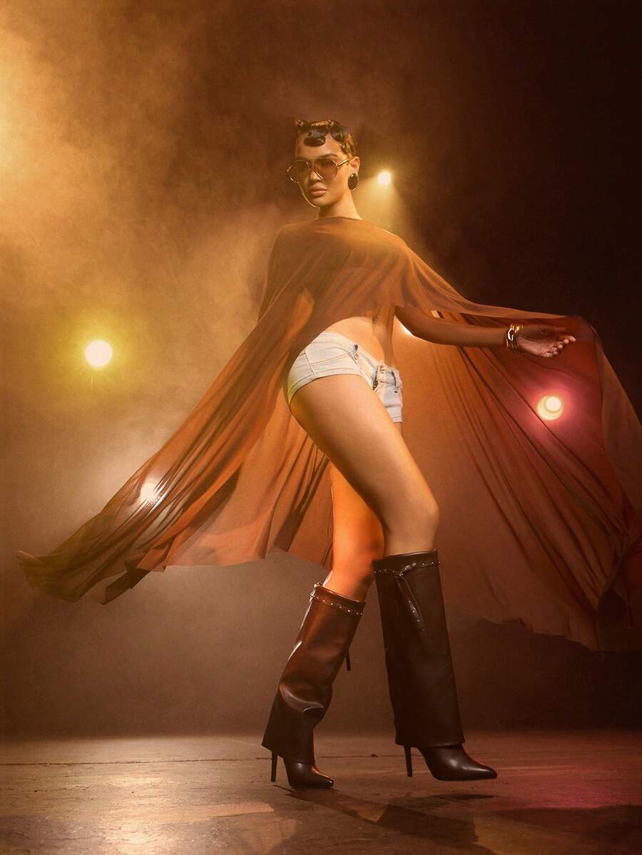 Hauture Women's Sexy Round Neck Asymmetrical Shawl Draped Mesh Top - Brown - View 1