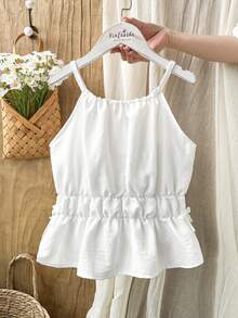 Vintaside Kids 1件女童无袖露脐上衣，白色简约荷叶边下摆设计吊带背心，适合叠穿 - 白色 - 查看 4