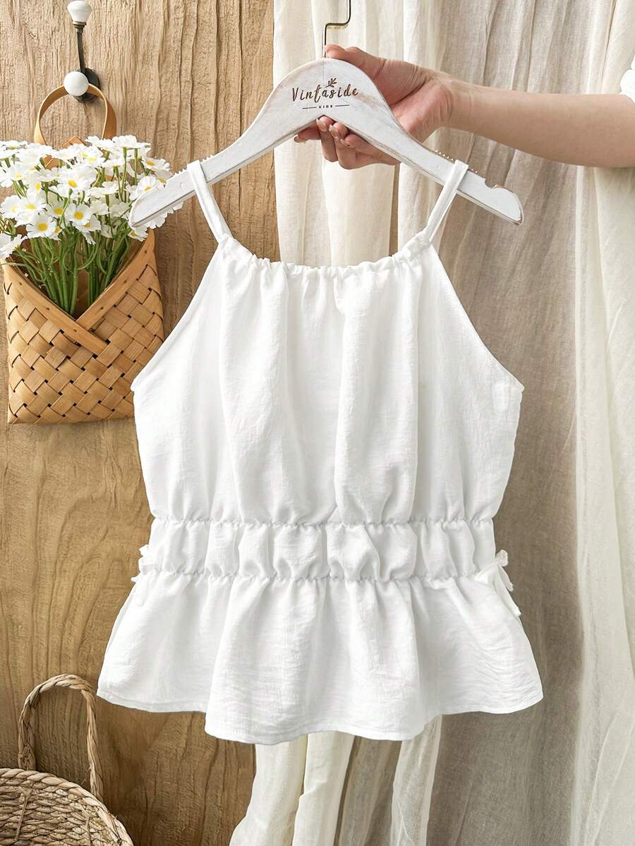 Vintaside Kids 1件女童无袖露脐上衣，白色简约荷叶边下摆设计吊带背心，适合叠穿 - 白色 - 查看 1