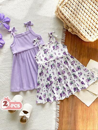 SHEIN Vintaside Kids Bộ 2 váy hai dây in hình thỏ hoạt hình màu nước dễ thương cho bé gái, thích hợp cho Ngày Valentine, Lễ Phục Sinh, các lễ hội, chụp ảnh sinh nhật, hoạt động ngoài trời, thư giãn tại nhà, kỳ nghỉ, mùa xuân/hè.