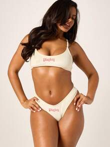 Missguided x Playboy Velour Bralette And Cheeky Panty Set With Pink Logo Embroidery Cream Intimates Collection - Yellow - View 4