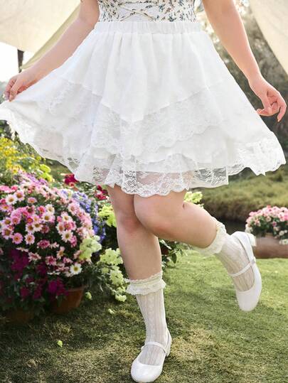 ROMWE Fairycore Plus Size White Textured Fabric Umbrella Skirt, Versatile For Spring/Summer Vacation