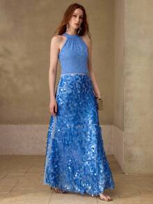 MOTF PREMIUM NEW SLEEVELESS CONTRAST SEQUIN ELEGANT DRESS, FASHION SUMMER BACKLESS SLIM LONG DRESS - Blue - View 8