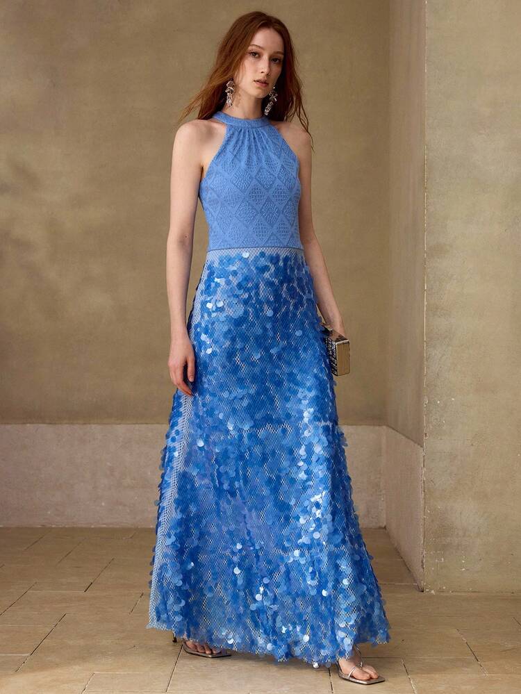 NEW SLEEVELESS CONTRAST SEQUIN ELEGANT DRESS, FASHION SUMMER BACKLESS SLIM LONG DRESS