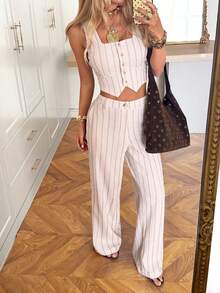 SHEIN EZwear Grey-Pink Striped Woven Women's Suit Pants - Pink - View 3