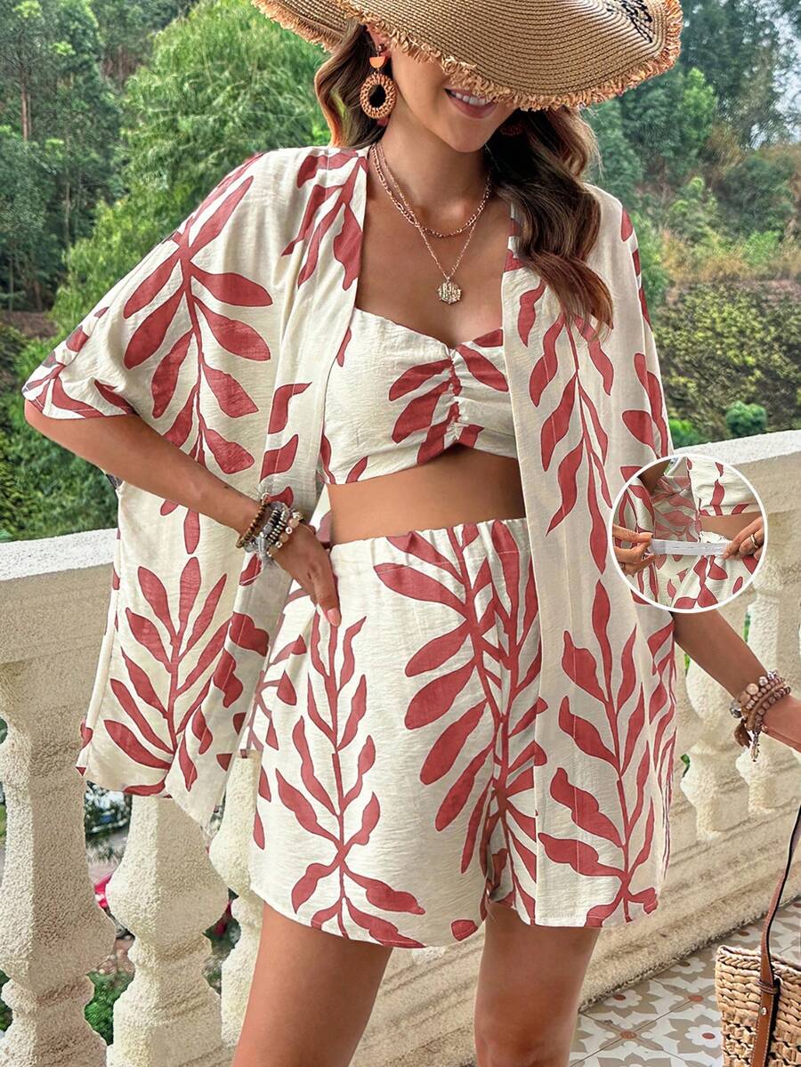 SHEIN 孕妇褶皱吊带背心、宽松短裤和开衫三件套 - 粉色 - 查看 1