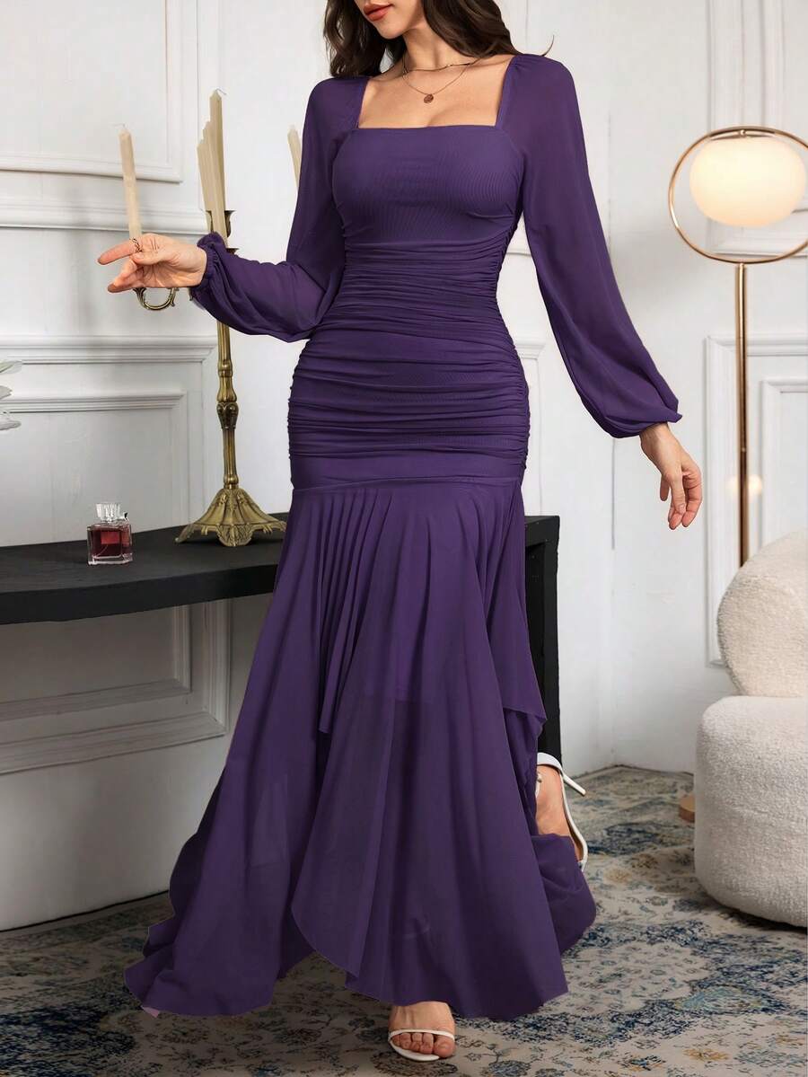 Modelyn Women's Elegant Solid Color Maxi Mermaid Dress For Party - Purple - View 1