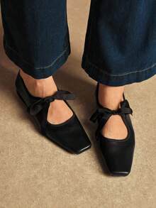 Rosivie 法式方头蝴蝶结玛丽珍鞋复古女鞋真皮平底低帮小皮鞋时尚奶奶鞋 - 黑色 - 查看 4