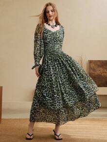 Aveloria Modichic 女士优雅约会连衣裙，采用褶皱腰身、泡泡袖和A字裙摆设计 - 綠色 - 查看 3