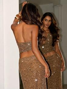 SHEIN ICON 2026新款女士性感优雅度假亮片露背吊带上衣，夏季闪亮金色上衣，适合节日、沙滩等场合穿着。 - 棕色 - 查看 2