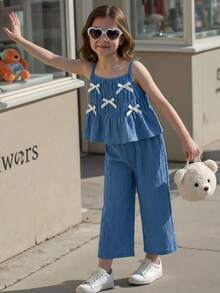 SHEIN LMoss Kids 两件套女童纯色梭织吊带背心和长裤套装 - 黑與白 - 查看 3