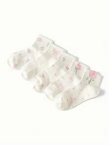 2/5 Đôi tất nữ màu trắng và hồng dễ thương với họa tiết nơ và hoa, thoáng khí, thấm hút mồ hôi, thoải mái, dài đến bắp chân, thích hợp cho mặc hàng ngày và đi chơi, giao hàng ngẫu nhiên, mùa thu - Nhiều màu - Xem 4
