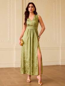 ZEYLAH Women's Floral Print Side Slit Hem Dress, Vacation Style - Green - View 8