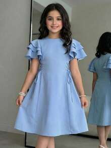 SHEIN 少女三层荷叶边侧边抽绳腰身A字短袖连衣裙 - 藍色 - 查看 7