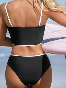 Swim SPRTY 女士纯色简约休闲夏季沙滩运动冲浪泳衣上装，黑白泳衣收腹泳衣，情人节女士泳衣上装 - 黑色 - 查看 2