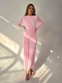 Aloruh 女士优雅不对称领口腰部褶皱网纱派对连衣裙 - 淺粉色 - 查看 6