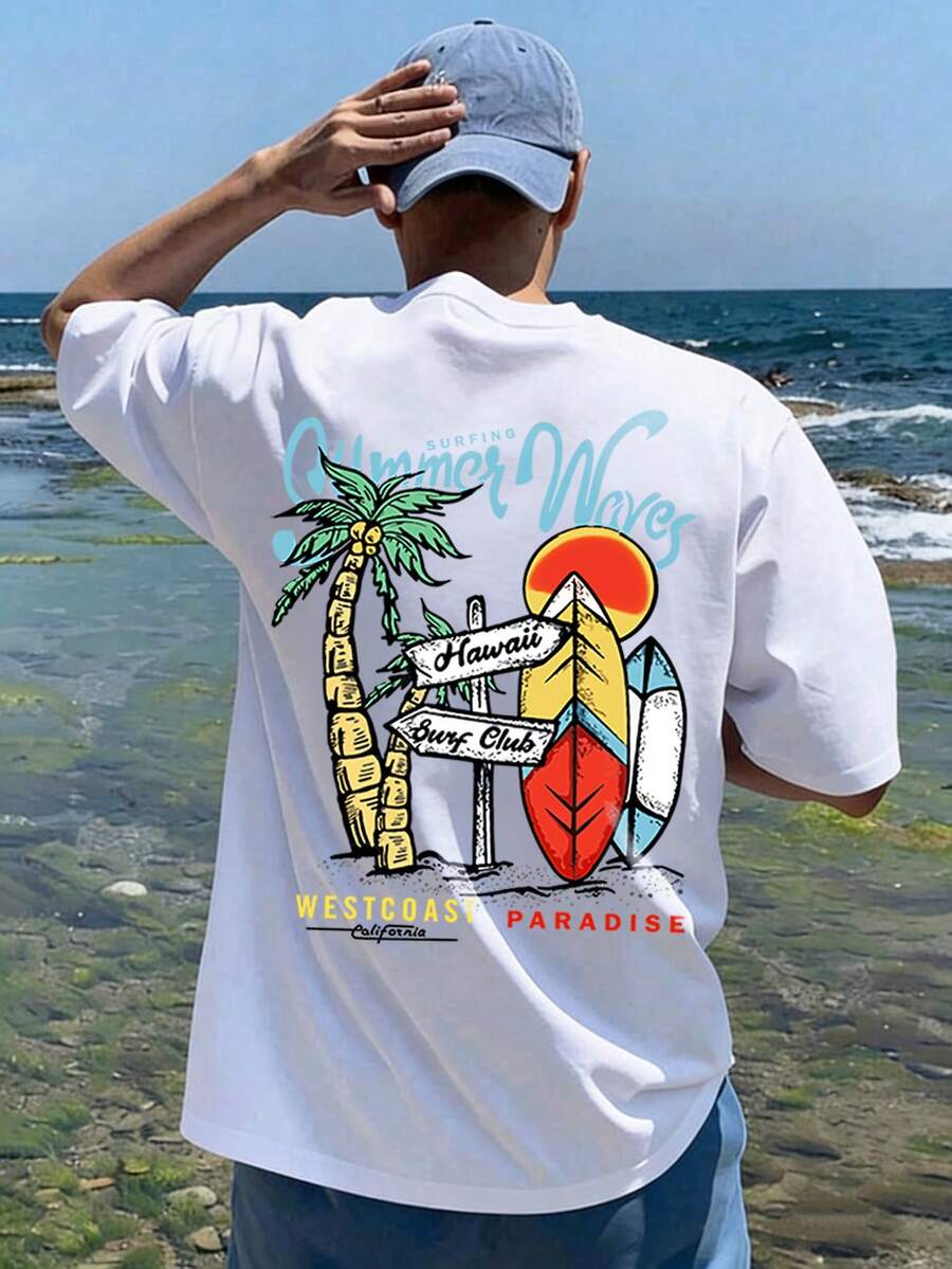 Manfinity Chillmode Áo thun nam in hình sóng biển mùa hè, cây cọ và lướt sóng, phong cách thường ngày mùa nghỉ dưỡng bờ biển phía Tây. - Nhiều màu - Xem 1