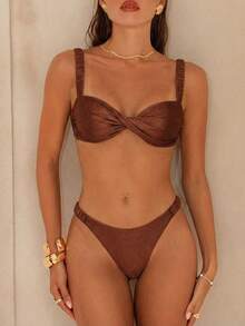 Swim Chiccia New Arrival Women's Elegant Chic Mocha Brown Lustrous Shiny Fabric Bikini Set/Swimwear, Women's Twist Front Bandeau Swim Top With Ruched Adjustable Straps & High Leg Cheeky Brazilian Bottoms, Stylish Swimwear, Casual Cute And Playful Y2K Spice Hot Girl Style Beachwear For Music Festival, Spring/Summer Beach Vacation & Pool Party, Island Vacay&Mod Vibes - Brown - View 4