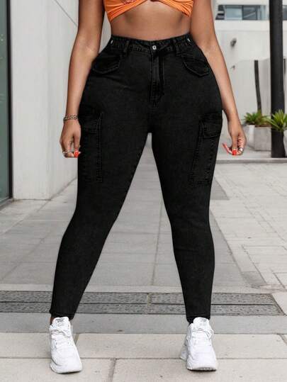 Pantalones de Mezclilla Cargo para Mujer Talla Grande - Ajuste Entallado, Comodidad Elástica y Diseño de Bolsillo con Tapa. ¡Estilo Único que Debes Tener!