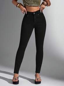 Jeanoix Quần jeans nữ dáng ôm, màu trơn, túi xéo, co giãn, kiểu dáng thường ngày, đa năng. - màu đen - Xem 4