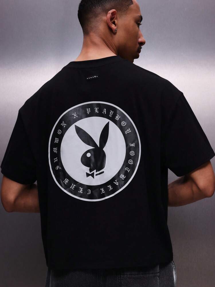 PLAYBOY X SUMWON Men's Black Logo Circular Graphic Crew Neck Short Sleeve Regular Fit Casual Cotton T-Shirt Tee Top
