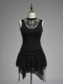 ROMWE Goth Camiseta ajustada de cuello alto con diseño hueco de ojo de serpiente estilo gótico bohemio - Negro - Ver 5