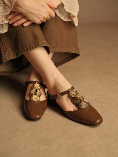 Rosivie Vintage French T-Strap Flower Low Vamp Thick Heel Half Slippers Women's New Women's Fashion Elegant Mule Sandals