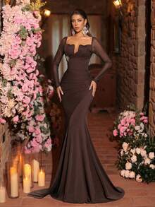 Glamrae Elegant Formal Black Stretch Knit Mermaid Evening Gown,Handcrafted Metallic Flower,Mesh Accents,Asymmetrical Neckline,Flared Sleeves,Sequins Wedding - Coffee Brown - View 3