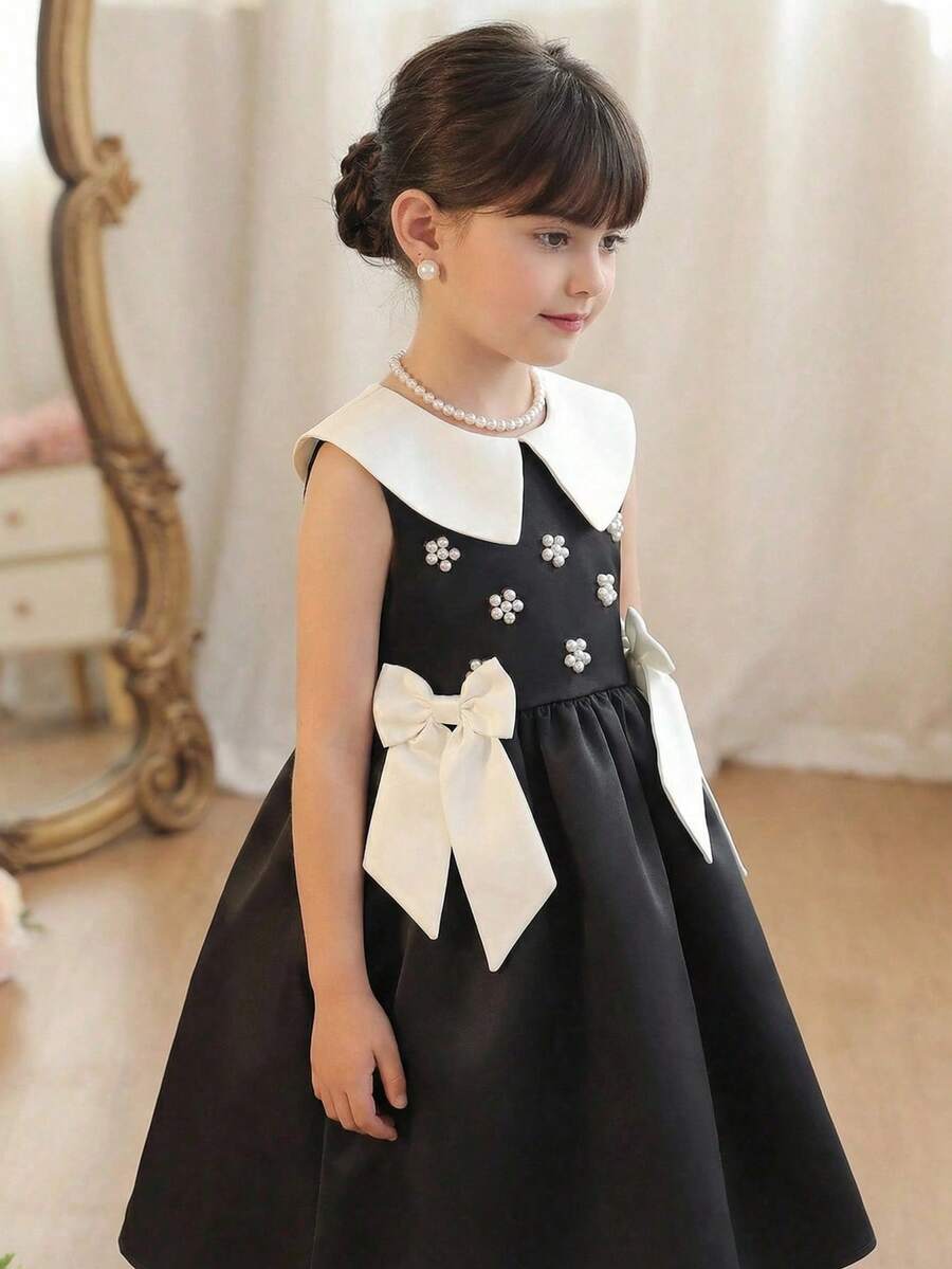 SHEIN 女童黑白彼得潘領無袖3D蝴蝶結珍珠休閒梭織拼接洋裝,女孩夏季婚禮禮服 - 黑與白 - 查看 1