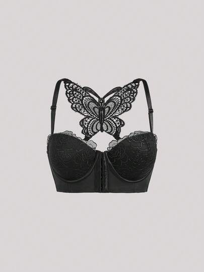 Schwarzer Spitzen-Push-Up-BH für Frauen - leicht zu öffnende Vorderseite, breite und bequeme Träger, hebende Brustpartie, atmungsaktiv und schöne Rückseite, ideal für den täglichen Gebrauch.