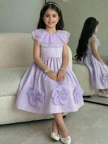 SHEIN Young Girl Woven Solid Color Ruffle Floral Casual Dress - Purple - View 6