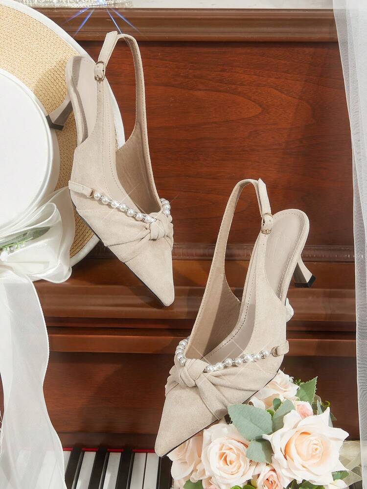 CUCCOO HITCHD Women's Simple Pointed Toe Faux Pearl Decor Casual Heels For Christmas Wedding Shoes Spring Shoes Bride Shoes