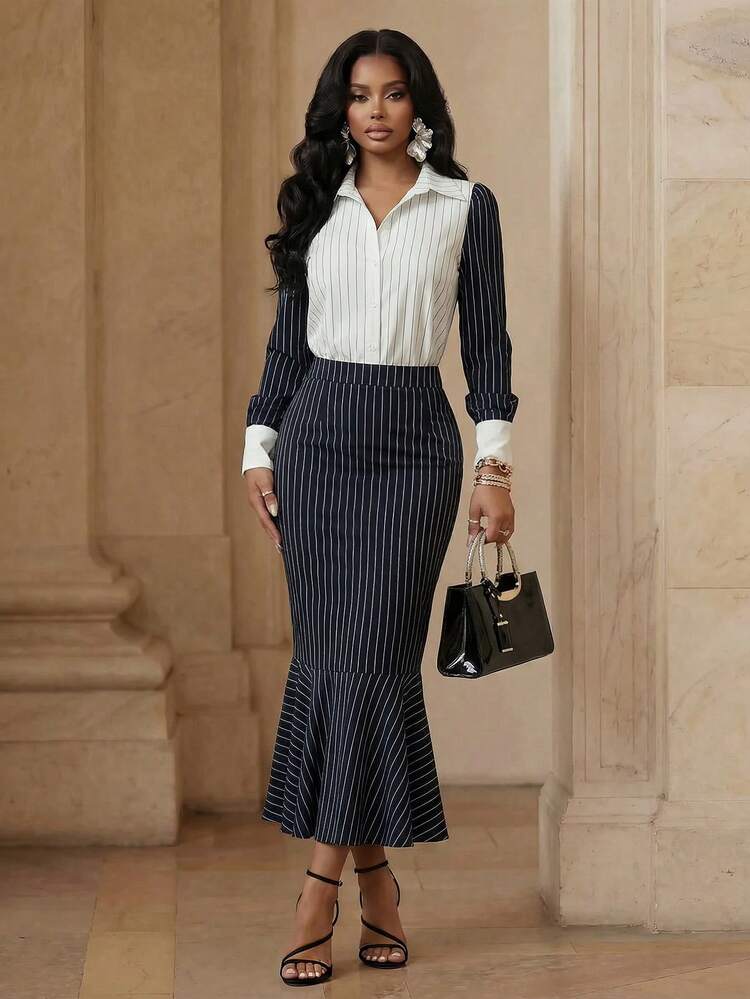 Women's Elegant Urban Chic High-End Navy Blue & White Striped Patchwork Waist Shirt, Spring/Summer