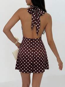Aloruh Women's Polka Dot Pattern Ruched Sexy Halter Mini Dress - Multicolor - View 2