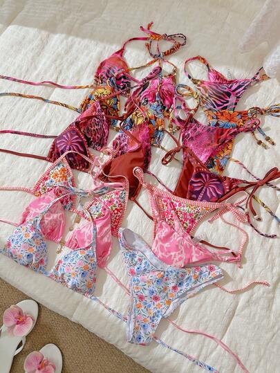 Swim Mod Springbreak Women Beachwear Summer Outfits, Random Print Halter Metal Decor Sexy Bikini Set