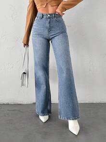 Petite 100% Cotton High Waist Casual Wideleg Jean - Light Wash - View 4