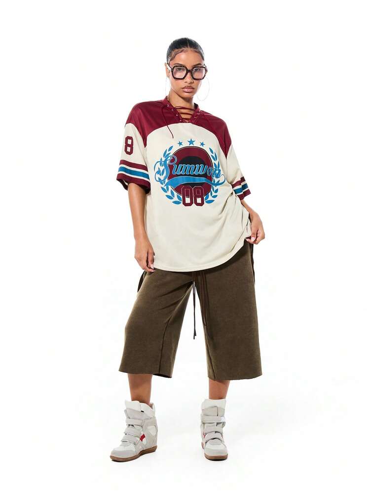 SUMWON WOMEN Lace Up Graphic Football Tee With Color Block