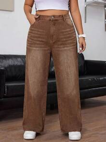 SHEIN ICON Jeans de talla grande para mujer de cintura alta con bolsillos y pierna ancha, de estilo casual y holgado - Café integral - Ver 3