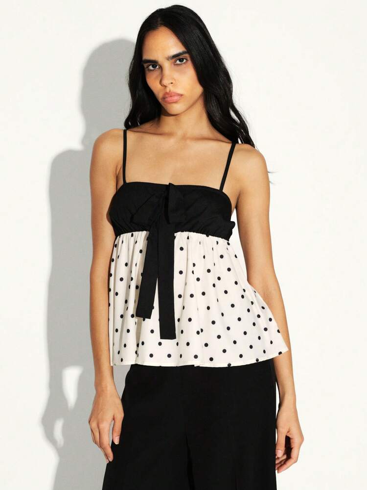 KSTM Polka Dot Tank Top With Tie Front Detail Bustier Camisole Spaghetti Strap Summer Casual Black White Contrast