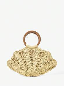 Maija 女士手提包，草编包，珍珠装饰，海洋主题饰品，时尚，优雅，简约，个性，百搭，适合海滩、度假、假日、夏季、海边、沙滩派对 - 米色 - 查看 4