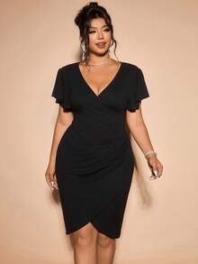 Cravure 大码女士V领褶皱腰身优雅鸡尾酒会礼服 - 黑色 - 查看 6