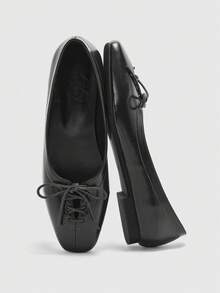 CUCCOO BIZCHIC Glossy Black Square Toe Lace-Up Flat Shoes, Practical & Minimalist Design, Versatile For Work Commute Spring Shoes - Black - View 6