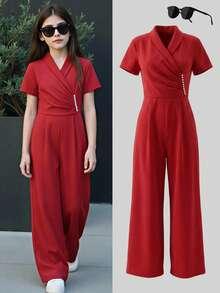 Jumpsuit Beludru Burgundy untuk Remaja Perempuan, Merah Tua, Elegan, Pesta, Musim Semi dan Musim Panas, Aksen Mutiara, Desain Lilitan, Potongan Kaki Lebar, Cocok untuk Makan Malam Keluarga Semi-Formal - Burgundy - View 2